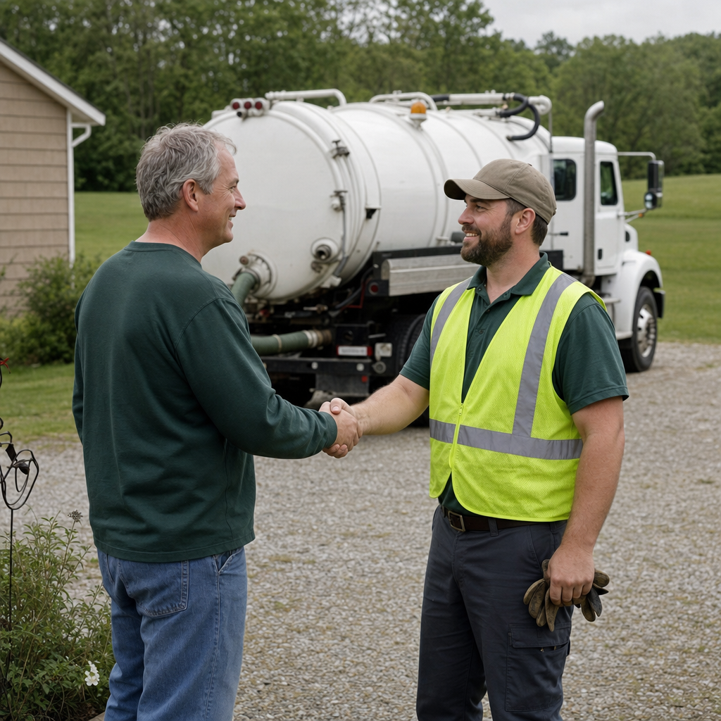 A septic technician shaking a Davenport homeowner's hand beside the service truck after a completed pump-out
