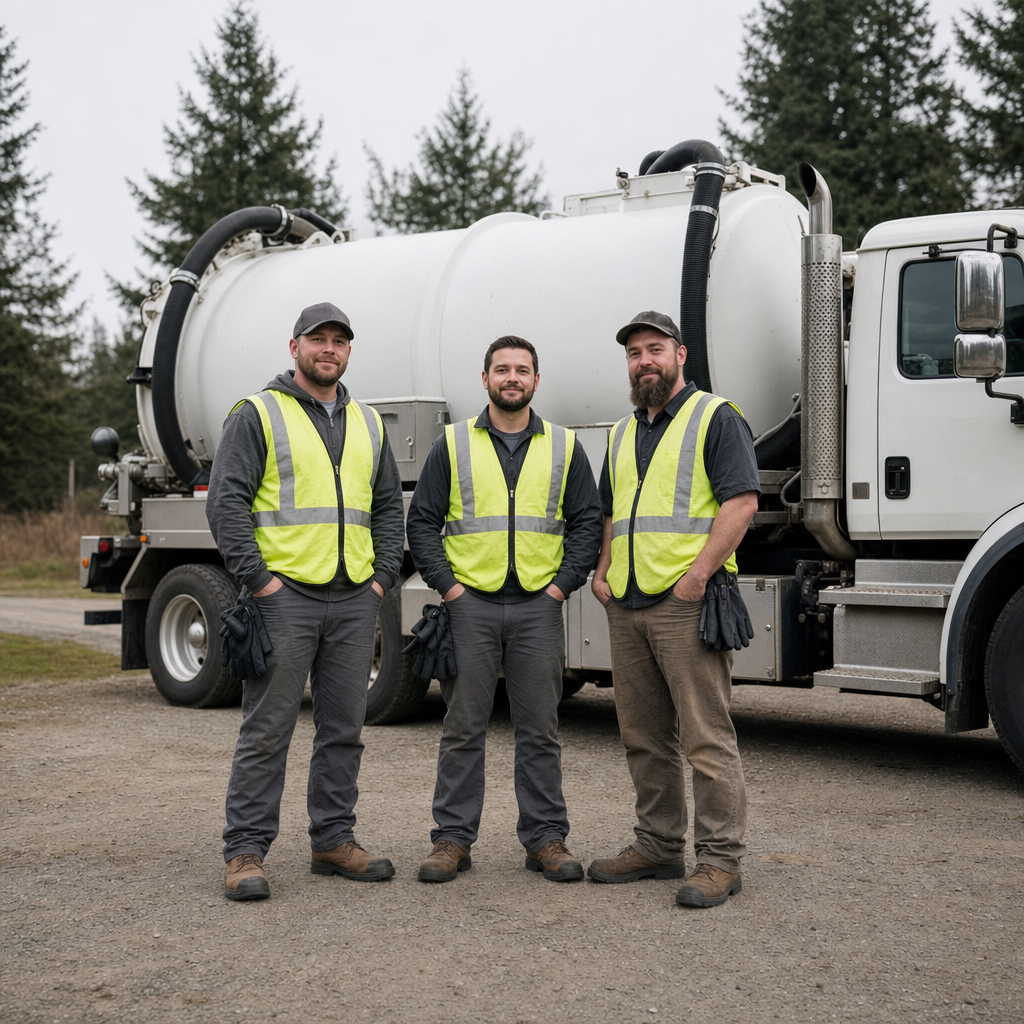 The Davenport septic pumping crew standing together beside their clean white vacuum truck on a residential street