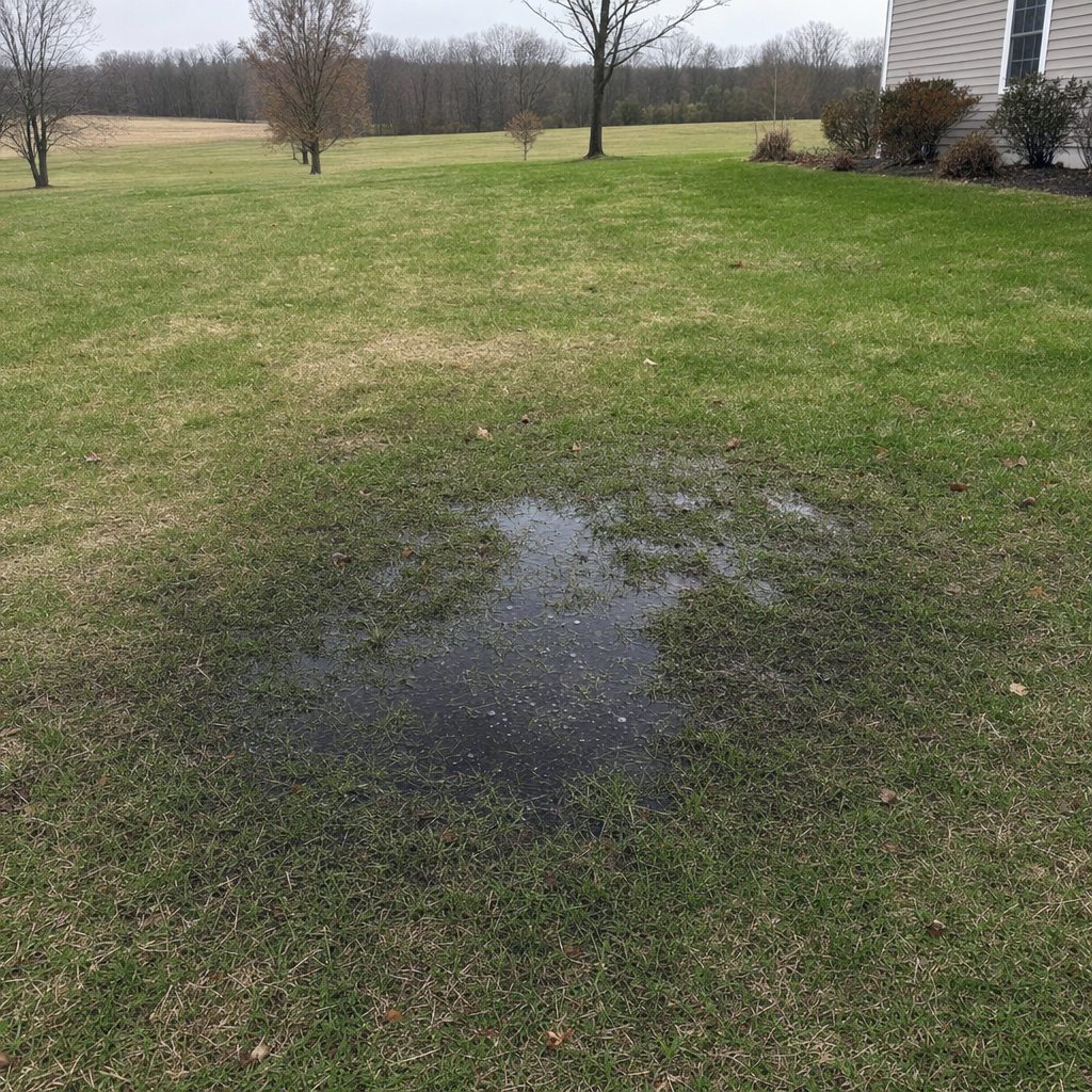 A dark, saturated wet spot in a Davenport backyard lawn marking a failing cesspool at capacity