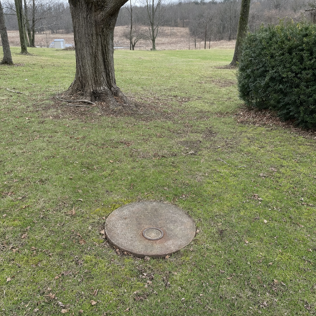An older round cesspool access lid set flush in an established, mature Davenport backyard lawn
