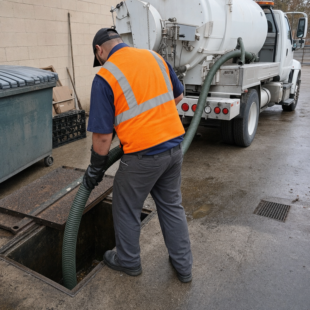 Technician pumping a grease trap behind a Davenport restaurant