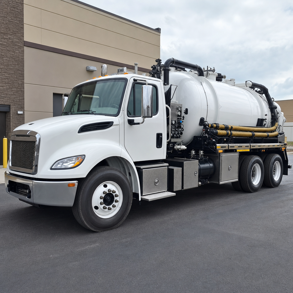 Commercial septic vacuum truck parked in a Davenport business parking lot