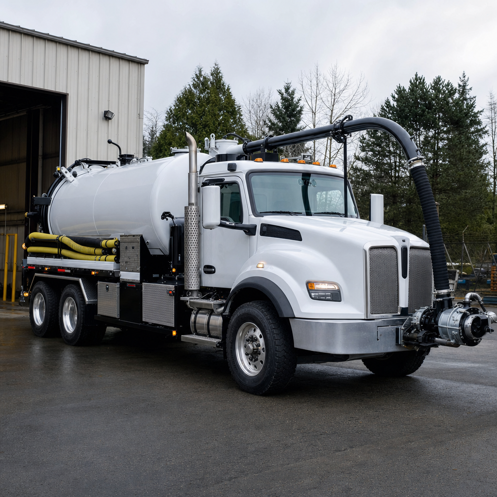 A clean white septic vacuum truck rolling out of a tidy Davenport service depot at the start of the day