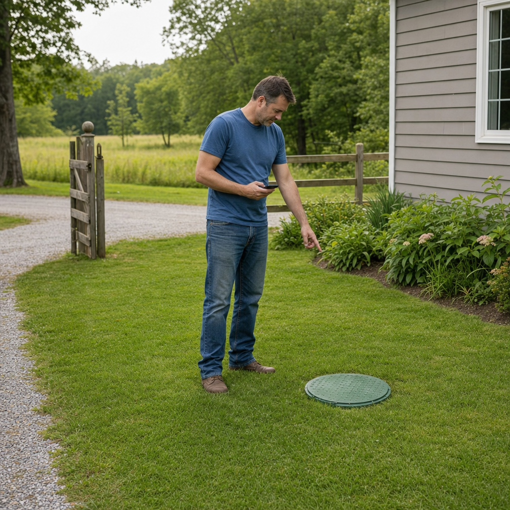 A Davenport-area homeowner standing in the backyard noting where the septic tank lid and access route are located