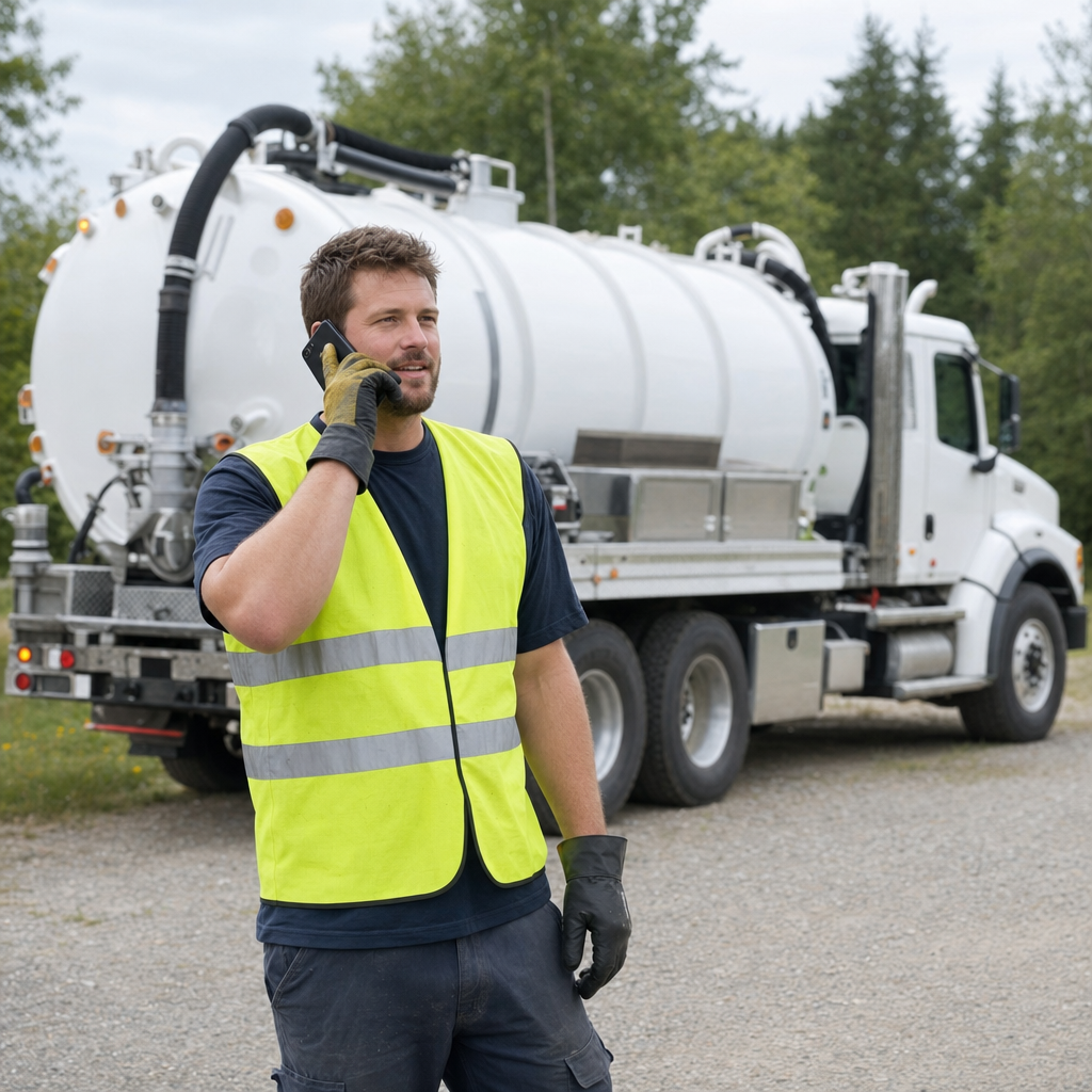A friendly septic dispatcher holding a phone, ready to answer a Davenport homeowner's call about a pump-out