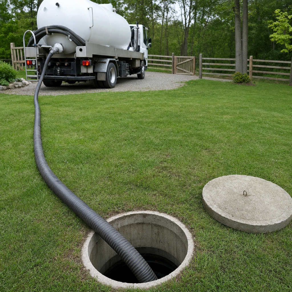 Suction hose connected to an open septic tank, drawing it down in a tidy Davenport yard