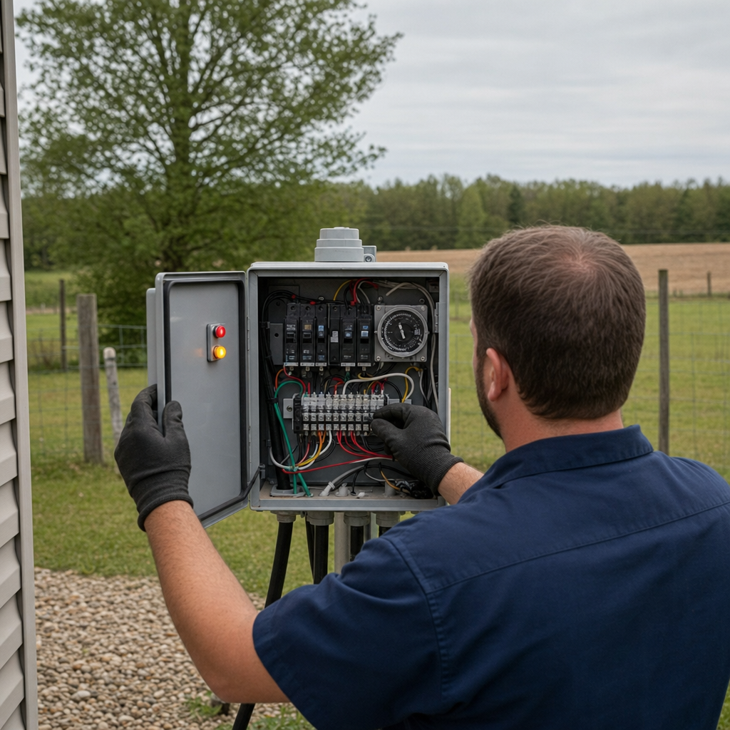 Technician checking an aerobic septic control box with a lit red high-water alarm during a same-day Davenport visit