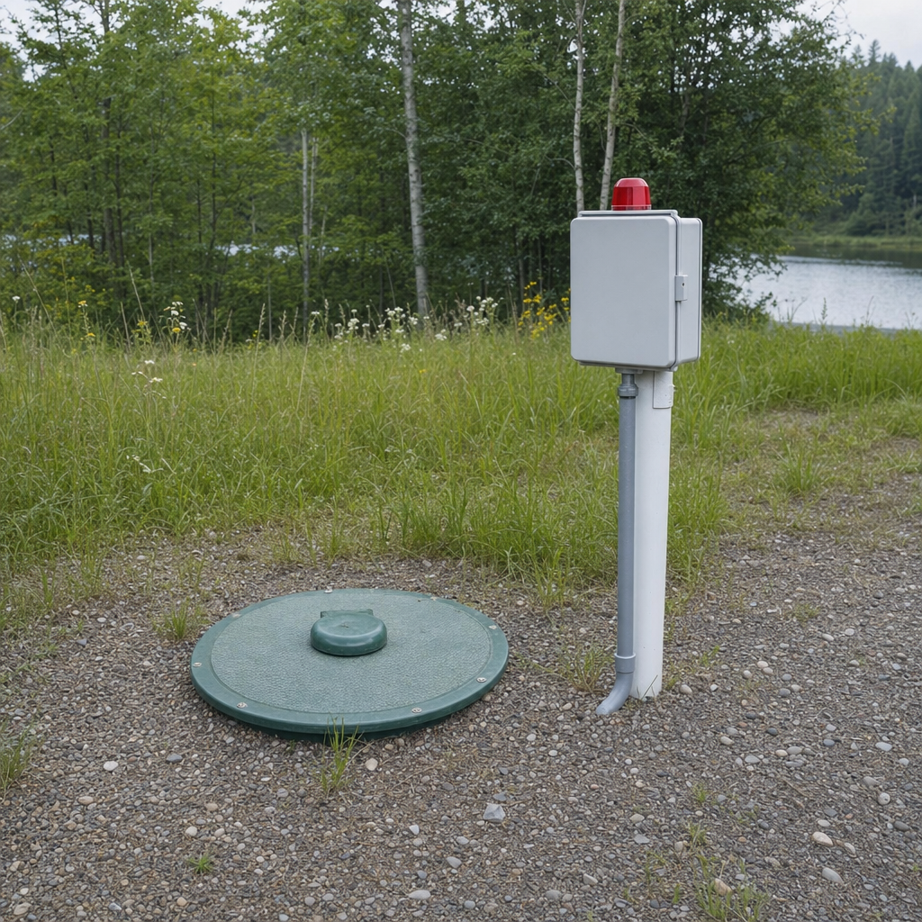 A wastewater holding tank access lid set in the ground at a rural Davenport-area cabin, with a mounted high-level float alarm panel nearby