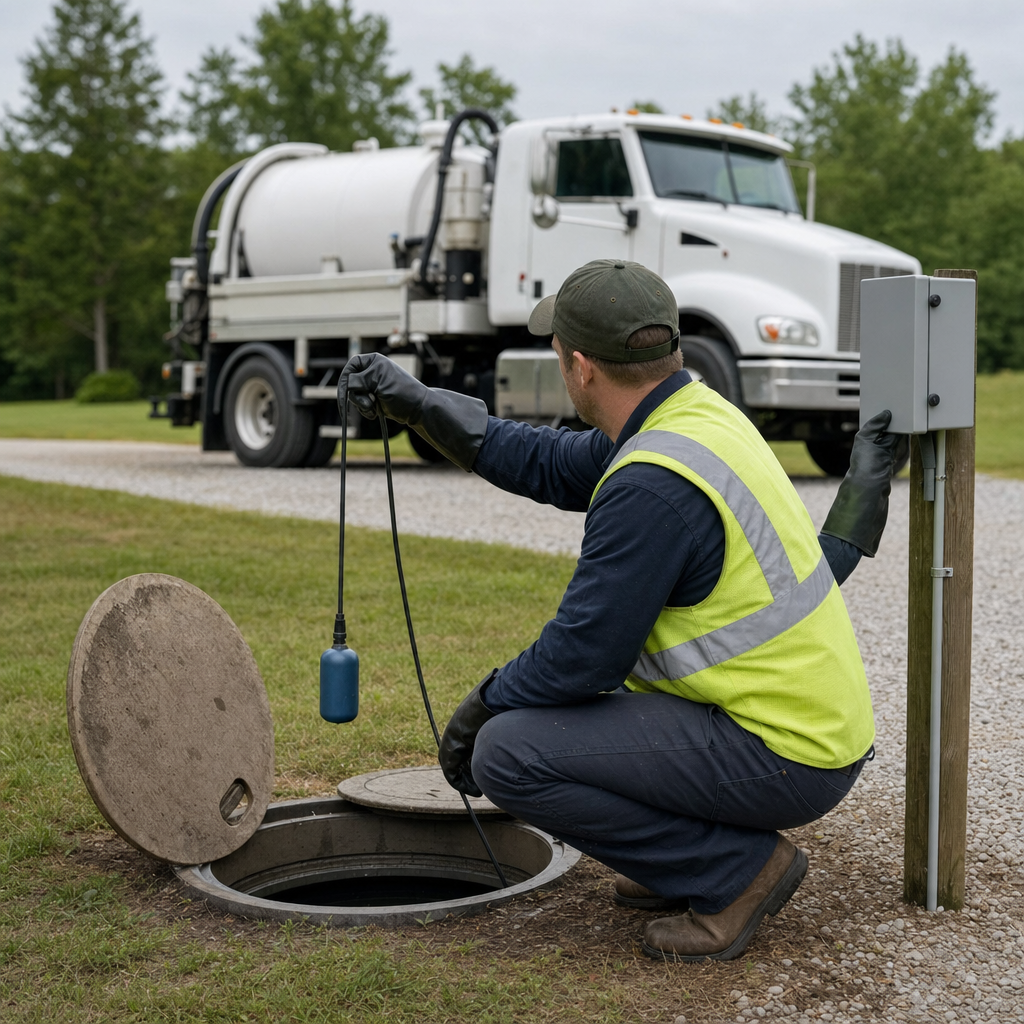 A septic technician in a high-visibility vest checking a high-level float switch and alarm panel on a holding tank at a rural Davenport-area site