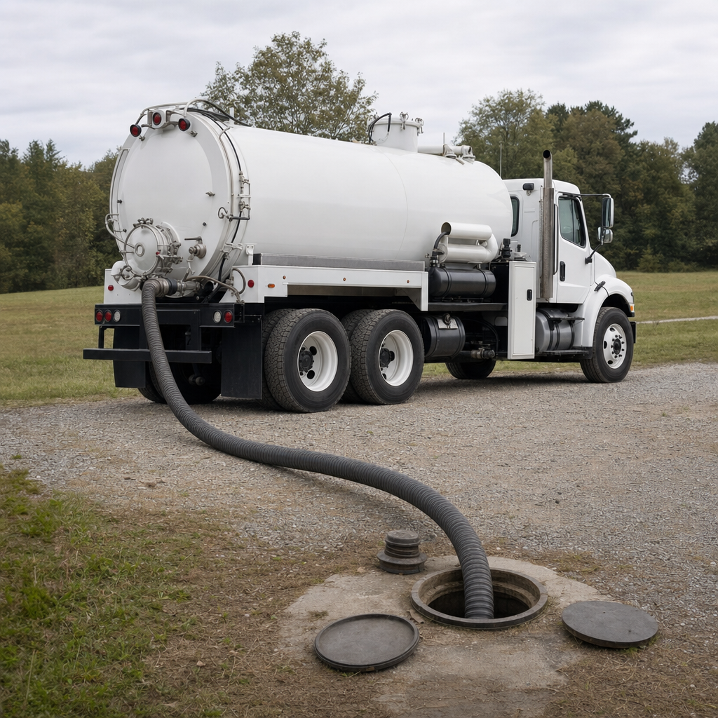 An unmarked white vacuum truck emptying a wastewater holding tank on a scheduled visit at a rural Davenport-area property, thick suction hose running to the tank lid