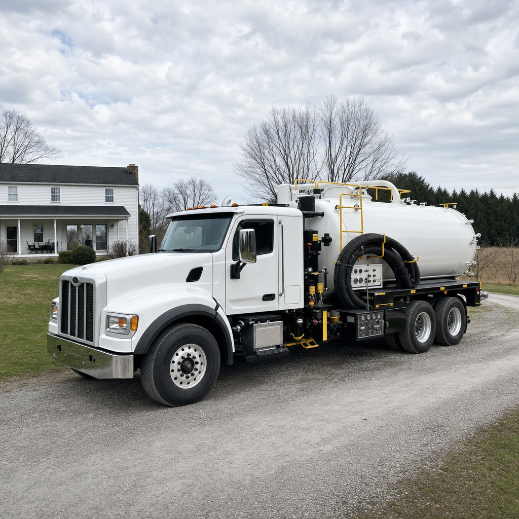 A clean white septic vacuum truck parked on a tidy Davenport driveway with the suction hose neatly coiled