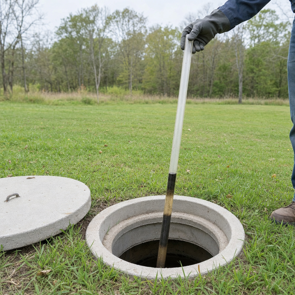 A septic sludge-judge measuring stick lowered into an open Davenport septic tank to read the depth of the sludge and scum layers before deciding whether a pump-out is due