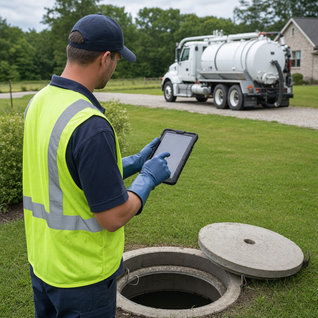A septic technician recording a Davenport home's pump-out date and tank condition on a tablet beside an open access lid, tracking the service history that sets the next due date