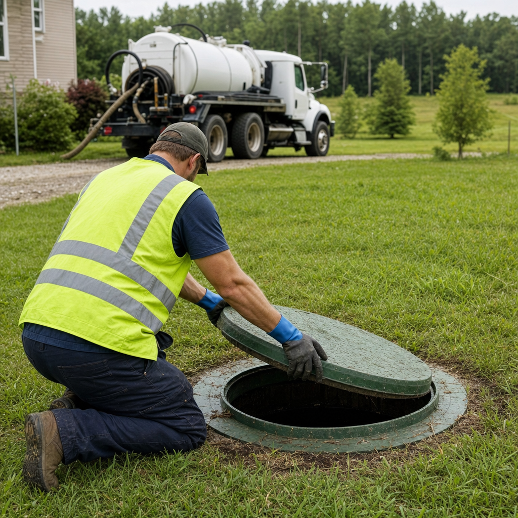 Septic technician kneeling on a Davenport lawn, lifting the access lid on a residential septic tank