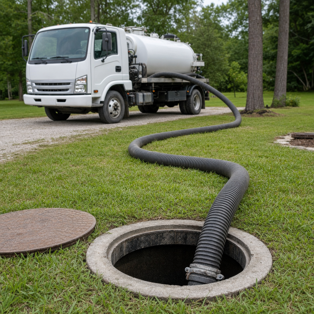 Thick ribbed suction hose lowered into a clean open septic tank port on a tidy Davenport backyard lawn
