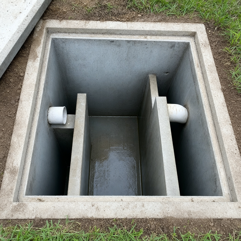 Inspection of the concrete baffles inside an open, emptied and freshly cleaned Davenport septic tank