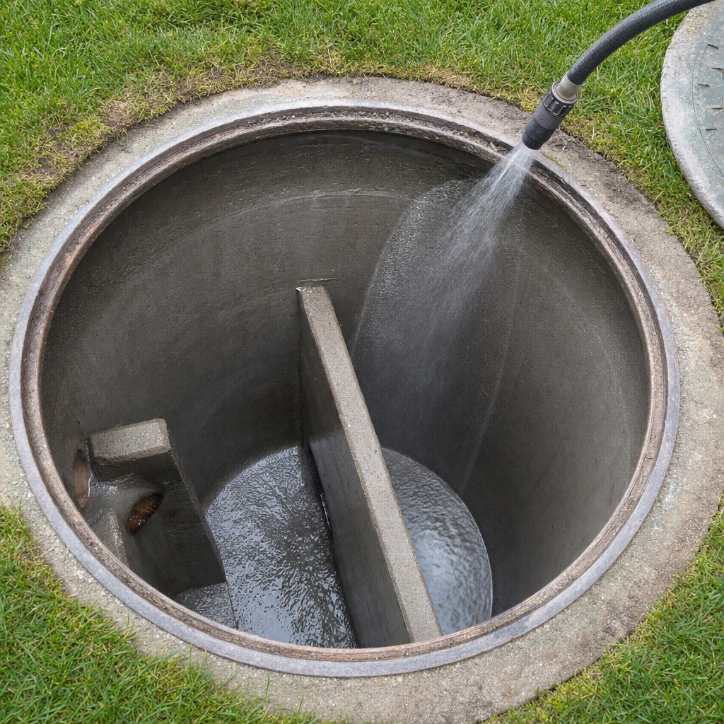 Interior concrete walls of an emptied Davenport septic tank being rinsed clean with the truck's onboard water hose