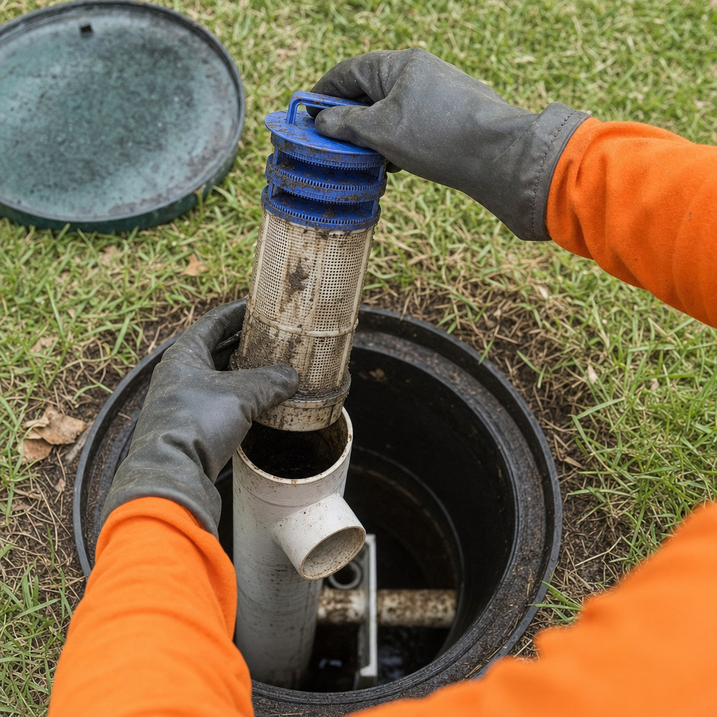 Septic technician's gloved hands lifting the effluent filter cartridge out of the outlet housing on a Davenport septic tank
