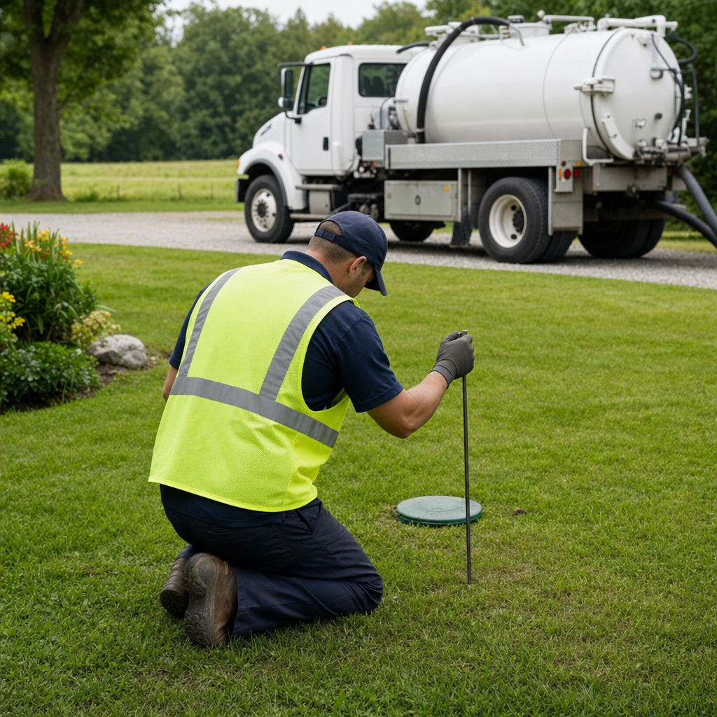 Septic technician kneeling on a Davenport lawn, probing to locate and measure the depth of a buried septic tank lid before pumping