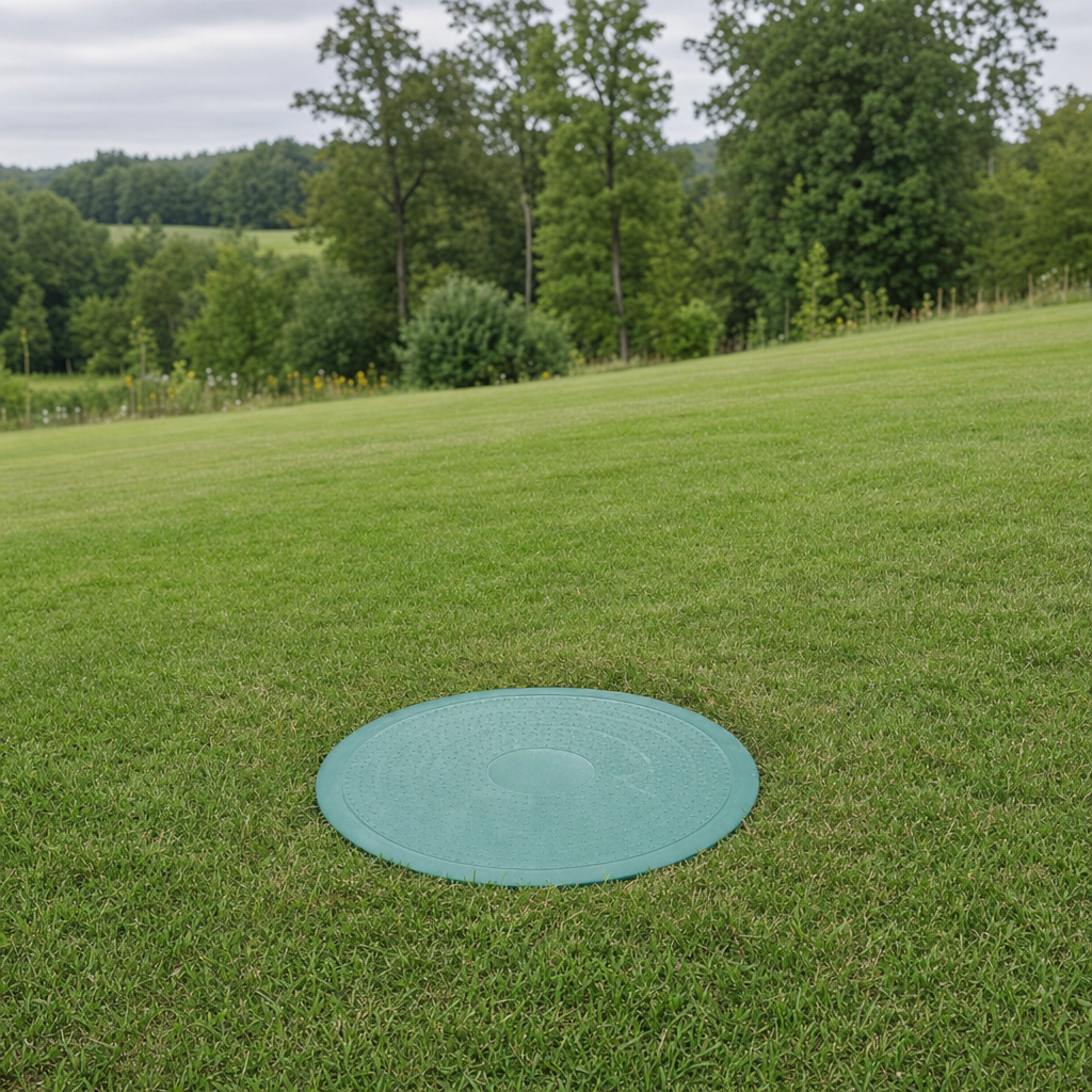 A newly installed septic riser bringing the tank lid up flush to grade in a Davenport yard for easy future access