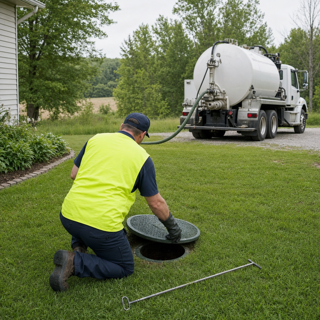 Septic technician kneeling on a Davenport lawn, lifting the buried access lid on a residential septic tank