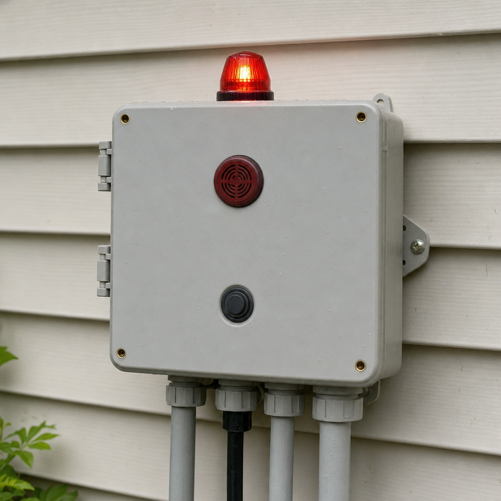 An aerobic septic system control panel mounted outside a Davenport home with its red high-water alarm light lit