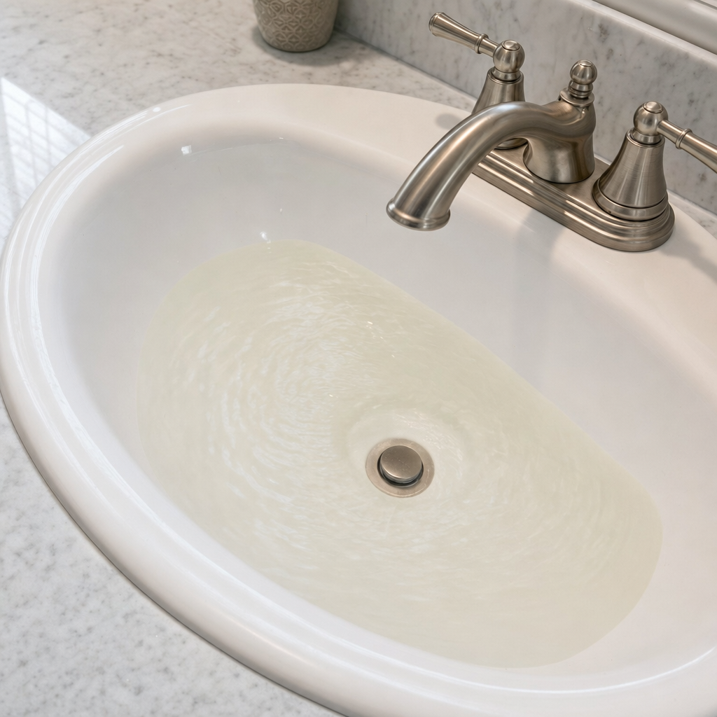 A bathroom sink draining slowly with water pooled in the basin, an early warning sign that a Davenport septic tank is full
